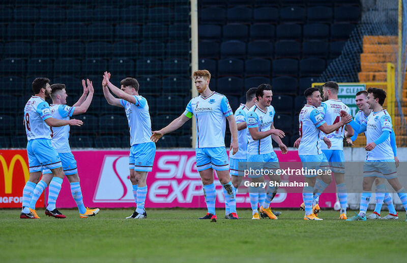 Drogheda celebrate one of their four goals from Saturday evening