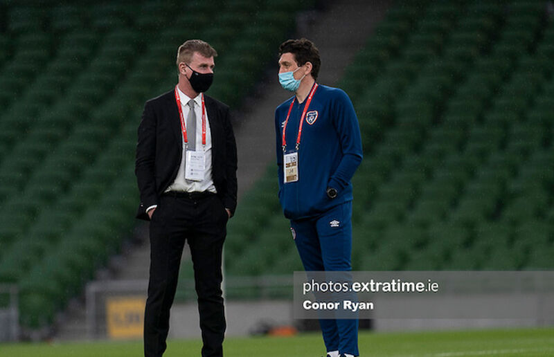 Stephen Kenny speaking with Keith Andrews ahead of kick-off against Luxembourg