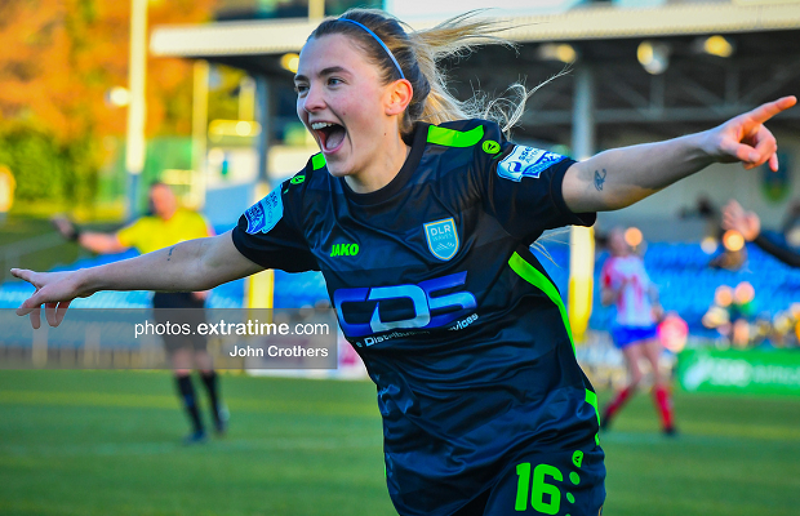 Avril Brierley celebrates scoring for DLR Waves during their 5-0 win over Treaty United on Saturday, 5 March 2022.