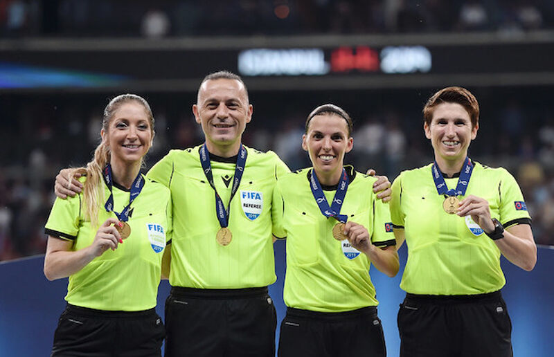 Michelle O’Neill (far right) beside referee Stephanie Frappart after the UEFA Super Cup match between Liverpool and Chelsea in Istanbul in 2019 