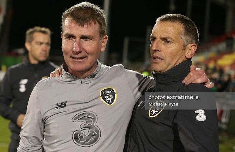 Republic of Ireland under-21 manager Stephen Kenny photographed with assistant Jim Crawford following a 2020 draw with Italy in Tallaght.