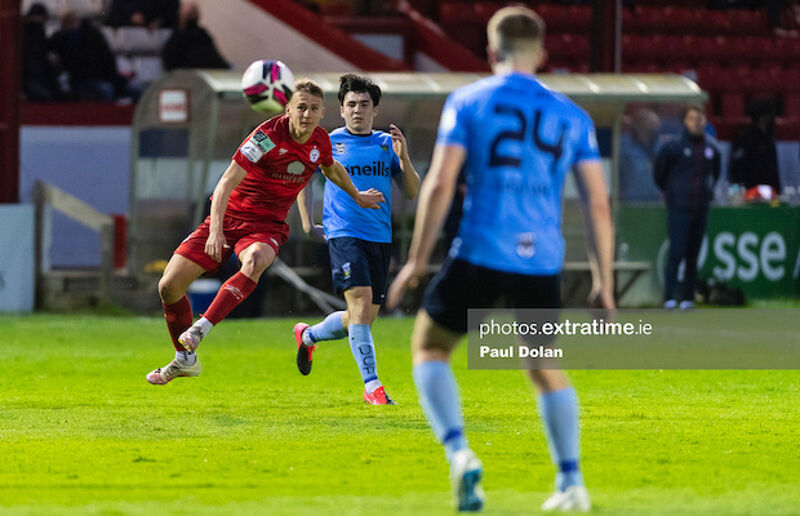Shels' Brian McManus shoots goal wards against the Students in Tolka Park