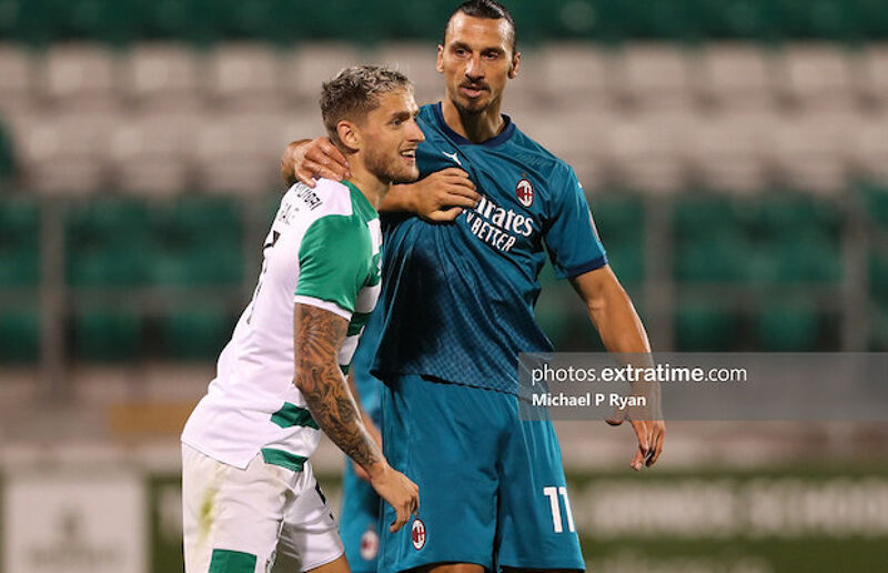 Lee Grace battles with Zlatan Ibrahimovic during Rovers' Europa League qualifier in 2020