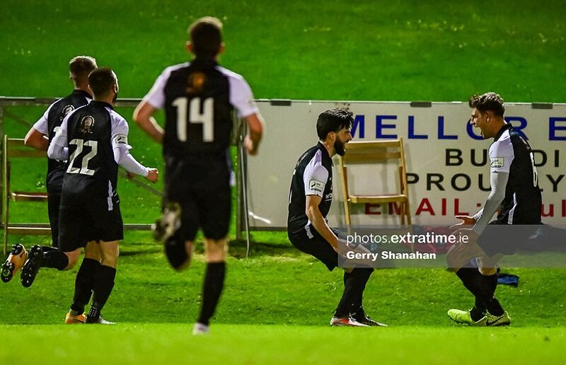 Adam Wixted of Athlone Town, celebrates his equalizing goal, during Athlone's draw with UCD last weekend.