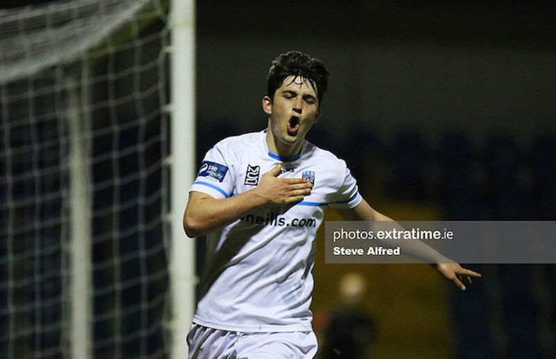 Colm Whelan of UCD celebrates after scoring the side's fourth goal away to Cobh in April