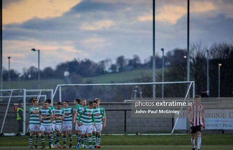 Rovers celebrate as Rory Gaffney puts Rovers one up at the Brandywell last month