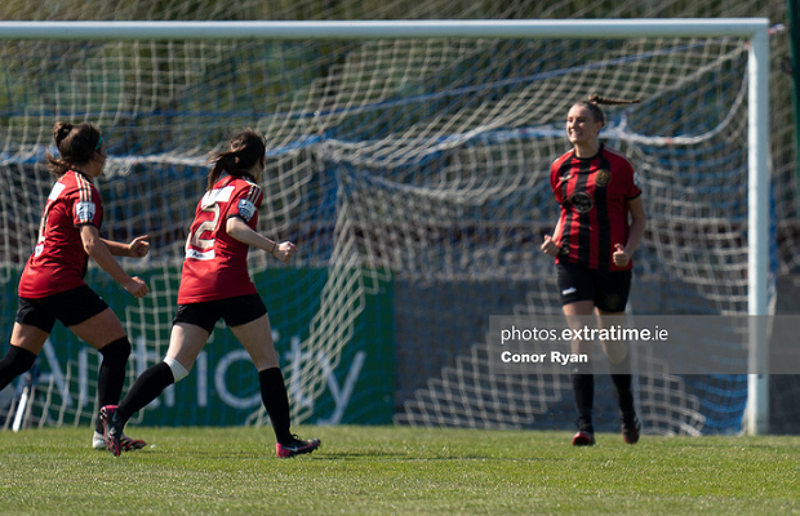 Chloe Darby celebrates scoring the equaliser from the penalty spot in a 3-3 draw with Cork City on Saturday, 17 April 2021.