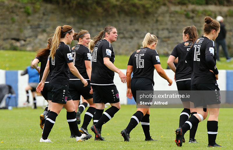 Sinead Taylor (centre) celebrates scoring her side's second goal in a 7-1 win over Treaty United at Jackman Park on Sunday, 18 April 2021.