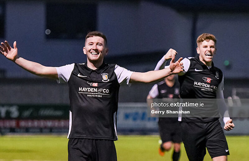 James Doona (left) celebrating scoring for Athlone Town against Wexford in last April's 3-0 win