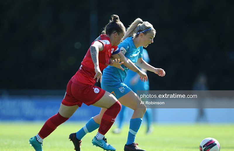 Avril Brierly holds off the challenge of Shelbourne's Pearl Slattery when the side met in the WNL on Saturday, 17 July 2021.