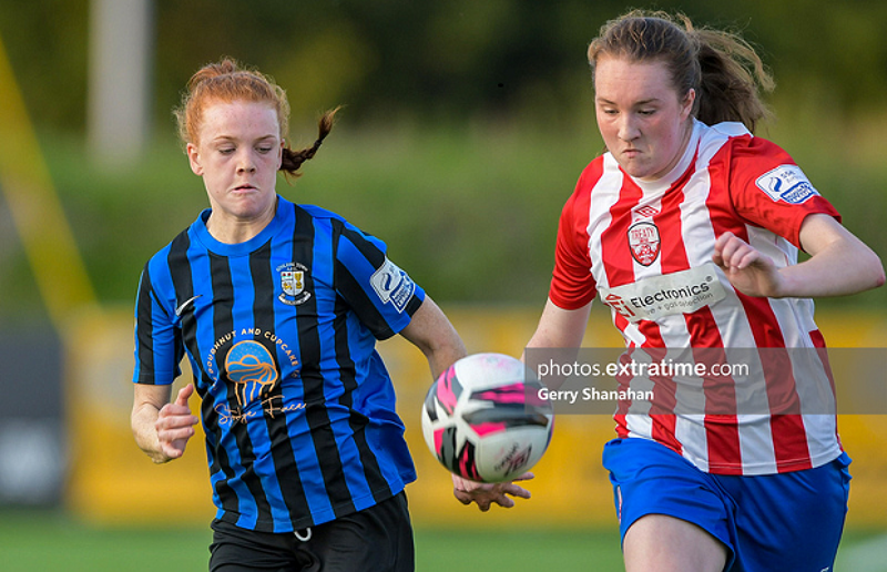 Fiona Owens, of Athlone Town WFC and Gillian Keenan, of Treaty United, challenge for possession, during the Athlone Town v Treaty United WFC WNL match at Athlone Town Stadium, Athlone on Saturday, 18 August 2021.