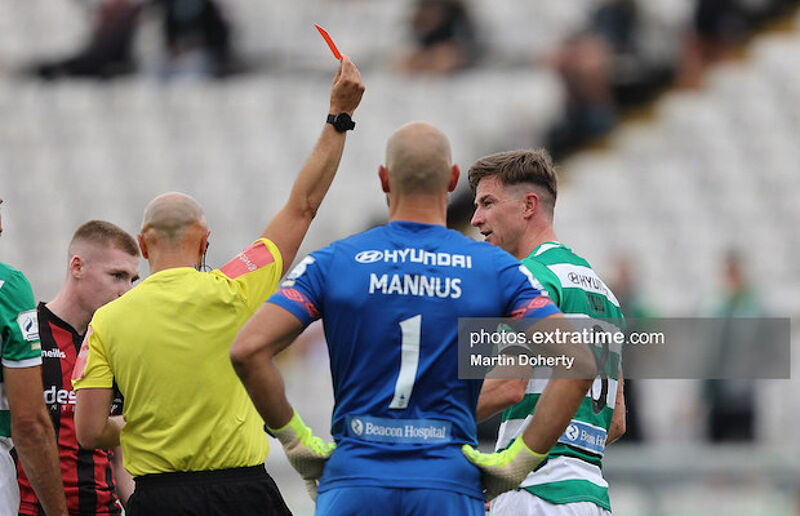 Referee Neil Doyle gives Ronan Finn a red card in last season's FAI Cup clash against Bohemians in Dalymount Park