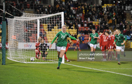 Saoirse Noonan celebrates scoring during the Republic of Ireland's victory over Georgia at Tallaght Stadium in November 2021.