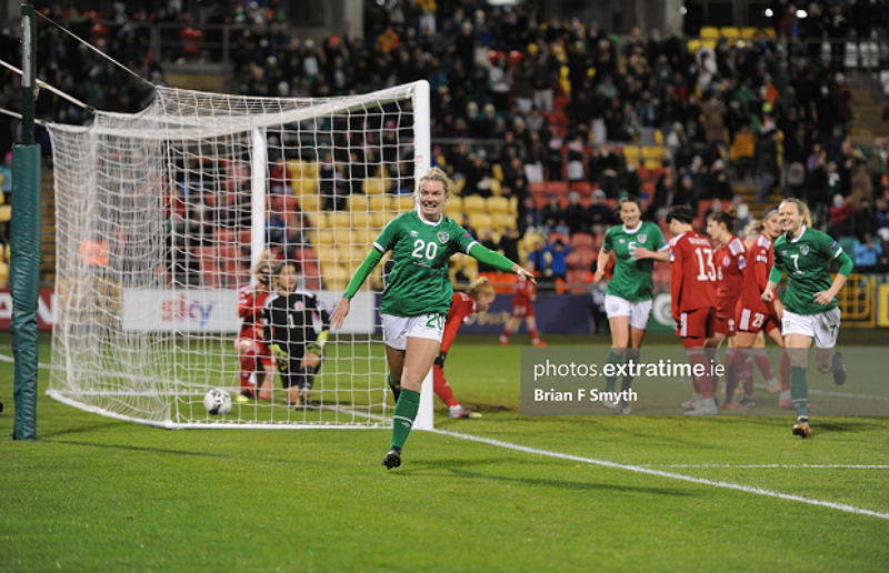 Saoirse Noonan celebrates scoring during the Republic of Ireland's victory over Georgia at Tallaght Stadium in November 2021.