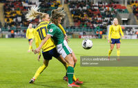 Sweden's Sofia Jackobsson and Katie McCabe battle it out in front of 4,017 spectators in Tallaght last October 