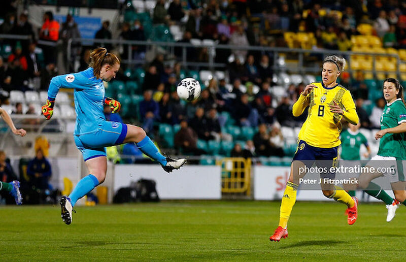Courtney Brosnan clears the ball ahead of Juventus' Lina Hurting in the Ireland Sweden clash in Tallaght last October