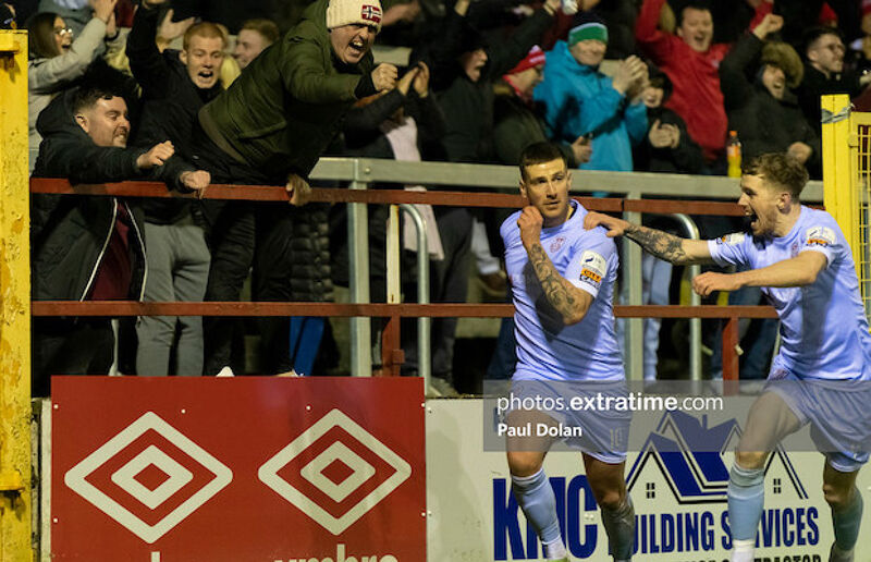Derry City's Patrick McEleney celebrates his goal with teammate Jamie McGonigle in March's game in Tolka Park