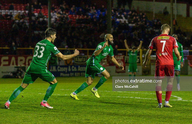 Ethan Boyle celebrating his goal in Harps' 3-0 win over Shels in Tolka earlier this season 