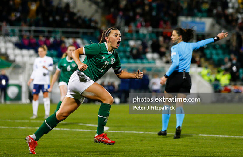 Katie McCabe celebrates her goal against Slovakia