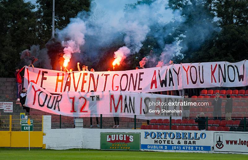 Longford Town fans show their support at Bishopsgate during De Town's 1-0 win over Dundalk on Saturday, 11 September.