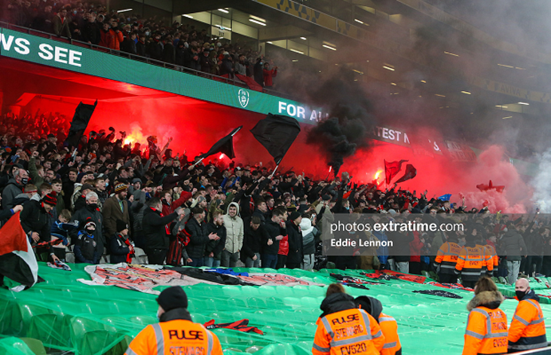 Bohs fans packed into the South Stand at the Aviva Stadium for the FAI Cup Final between Bohemians and St Patrick's Athletic on Sunday, 28 November 2021.