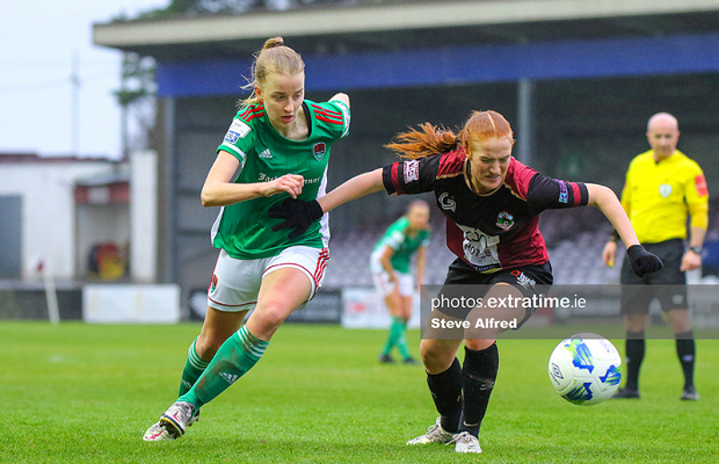 Christina Dring of Cork City Women with Shauna Brennan of Galway WFC on Saturday, 24 March..