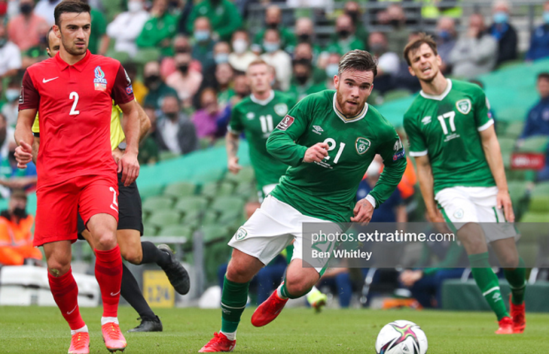 Aaron Connolly of Ireland during the World Cup Qualifier match between the Republic of Ireland and Azerbaijan at the Aviva Stadium, on 4 September 2021.