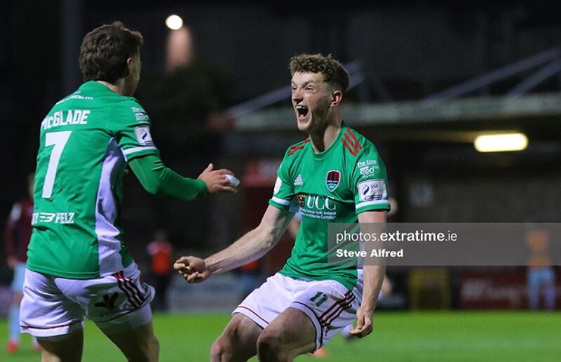 Dylan McGlade and Cian Bargery of Cork City after their side scores their first goal