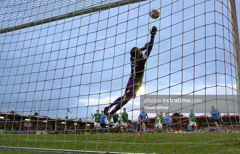 Mark McNulty of Cork City is beaten by Jack Keaney’s free kick.