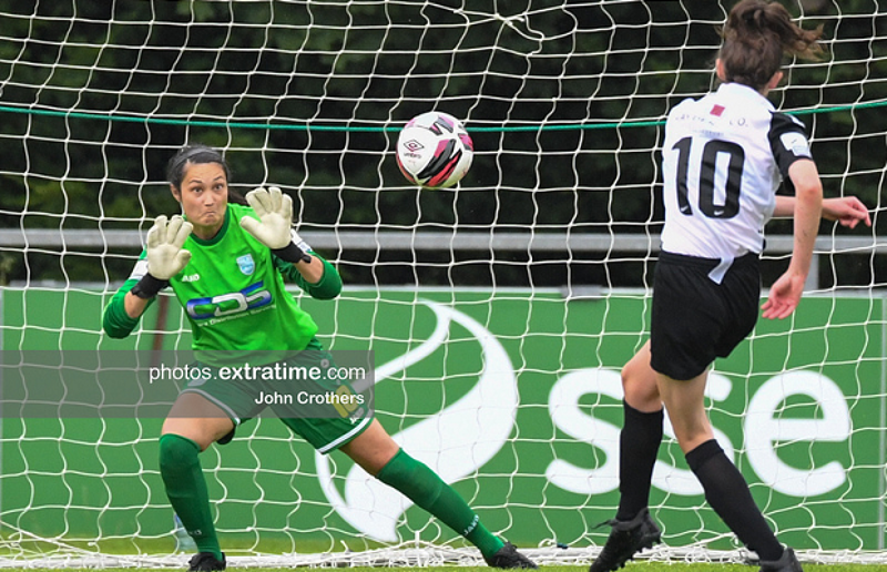 Eve Badana faces Kellie Brennan's spot kick as DLR Waves draw 1-1 with Athlone Town at the UCD Bowl on Saturday, 31 July 2021.
