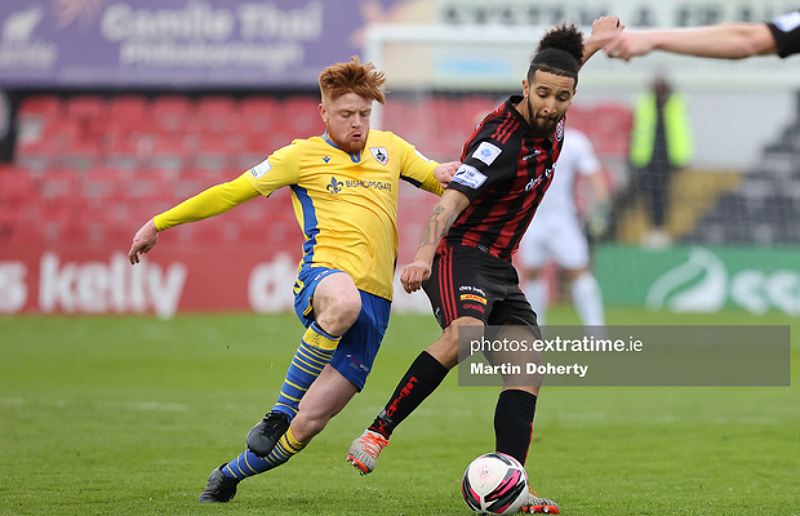 Bastien Héry in action for Bohemians against Longford Town's Aodh Dervin during their 2-2 draw on Saturday, 27 March 2021.