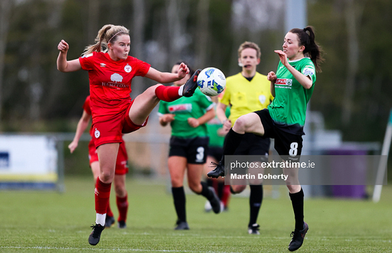 Jessie Stapleton of Shelbourne FC and Sadbh Doyle of Peamount United in action on Saturday, 17 April 2021.