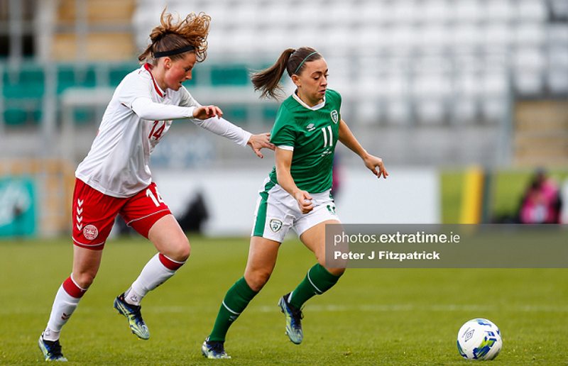 Katie McCabe in action for the Republic of Ireland against Denmark as the Girls in Green lose 1-0 at Tallaght in April 2021. 