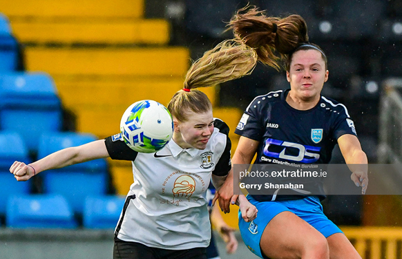 Carla McManus of DLR Waves FC and Athlone Town WFC, Defender, Leah Brady, in action, during the Athlone Town v DLR Waves, WNL match at Athlone Town Stadium, Athlone.
