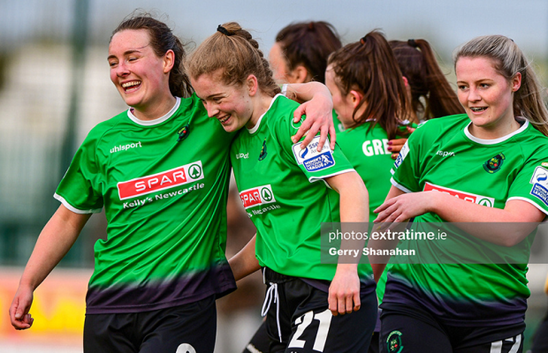 Lucy McCartan, Orlagh Fitzpatrick and Louise Masterson celebrate during Peamount United's 6-0 win over Athlone Town in the Women's National League on Saturday, 8 May 2021.