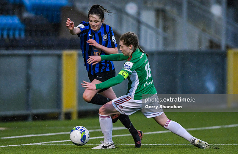 Cork City's Becky Cassin, block the path of Athlone Town WFC's, Roisin Molloy, during a 2-2 draw between the sidees at Lissywollen on Saturday, 1 May 2021.