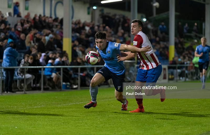 Liam Kerrigan of UCD holds Treaty United's Marc Ludden off the ball during their promotion playoff second leg on Sunday, 7 November 2021.