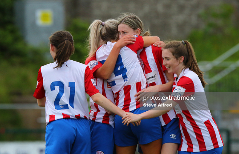 Treaty United players celebrate their 3-2 victory over Cork City in the WNL on Saturday, 22 May 2021.