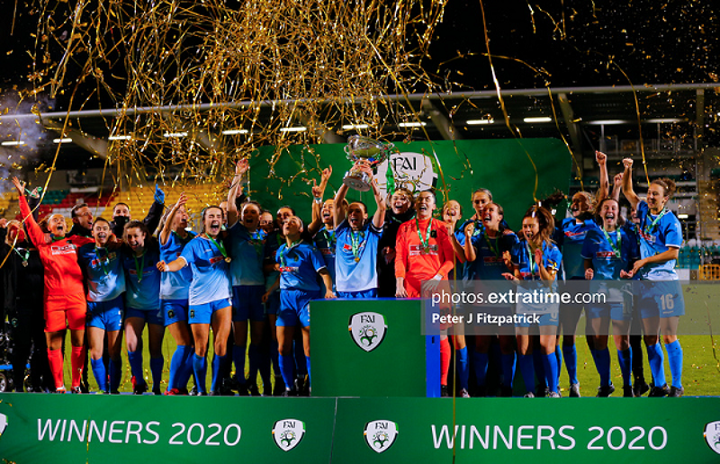 Peamount United lifting the FAI Women's Cup after beating Cork City in December 2020.