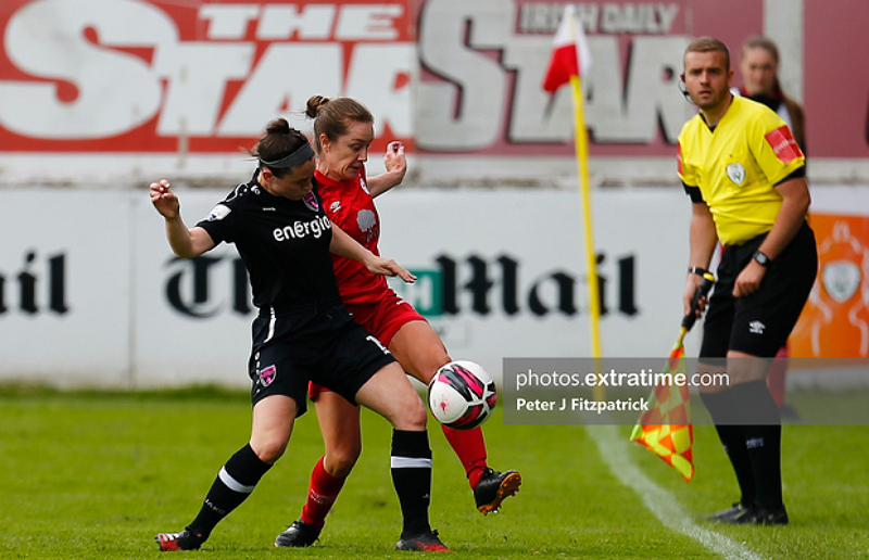 Rachel Graham of Shelbourne and Aisling Frawley of Wexford Youths challenge for the ball during a 0-0 draw at Tolka Park on Saturday, 29 May 2021.