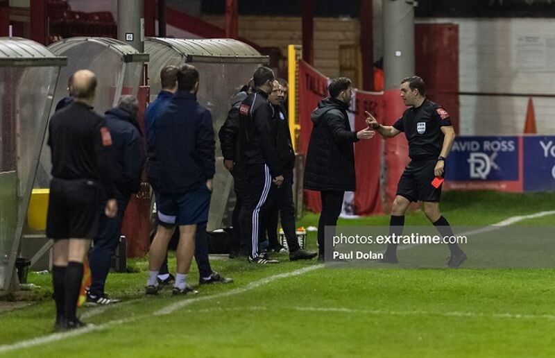 Referee Robert Harvey sends off Rovers' manager Stephen Bradley