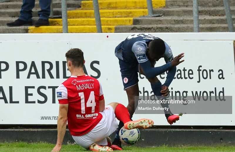 Luke McNally of St Patrick's Athletic tackles Junior Ogedi-Uzokwe of Sligo Rovers during their Premier Division clash of September 12th, 2020.